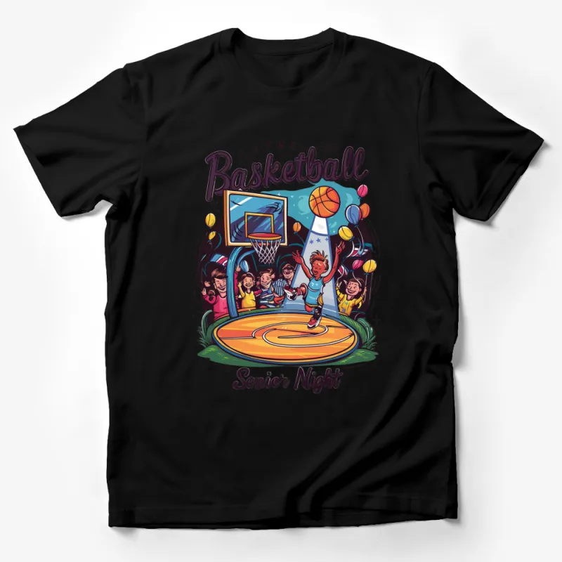 Senior Night Basketball T-Shirt, Colorful Court and Crowd Graphic, Vintage Style Sports Tee, Unique Design Male T-Shirt