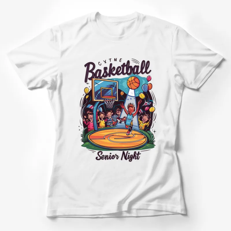 Senior Night Basketball T-Shirt, Colorful Court and Crowd Graphic, Vintage Style Sports Tee, Unique Design Female T-Shirt