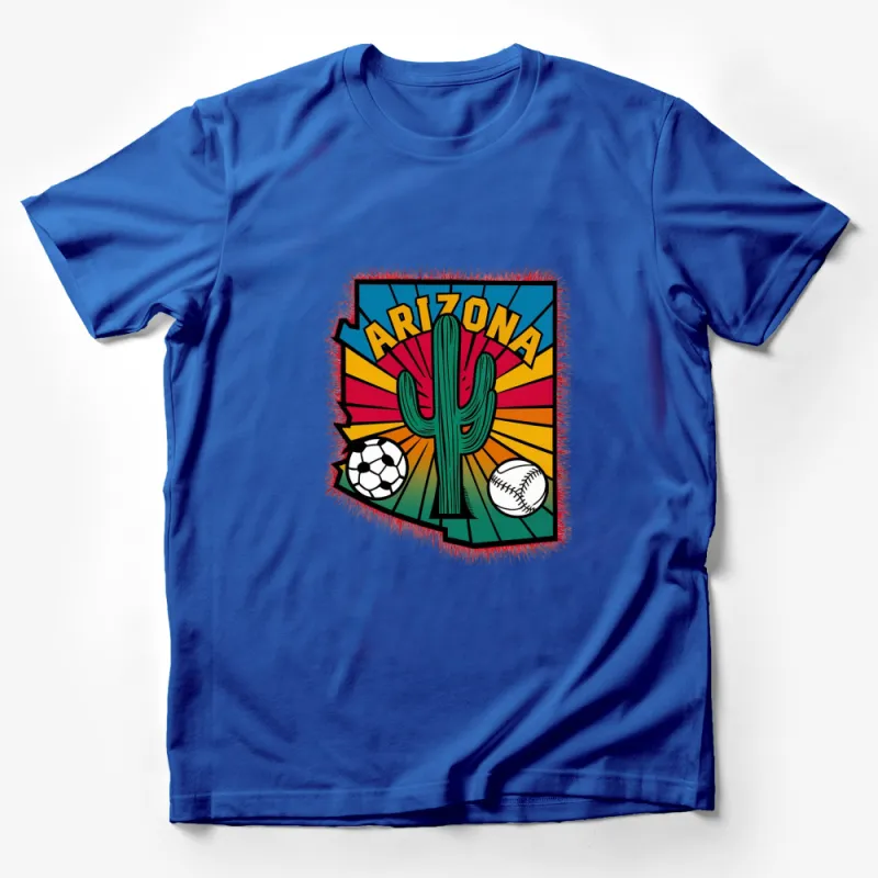 Arizona Cactus Sports Themed Graphic T-Shirt, Retro Style Sunburst Soccer and Baseball Tee, Casual Wear Male T-Shirt