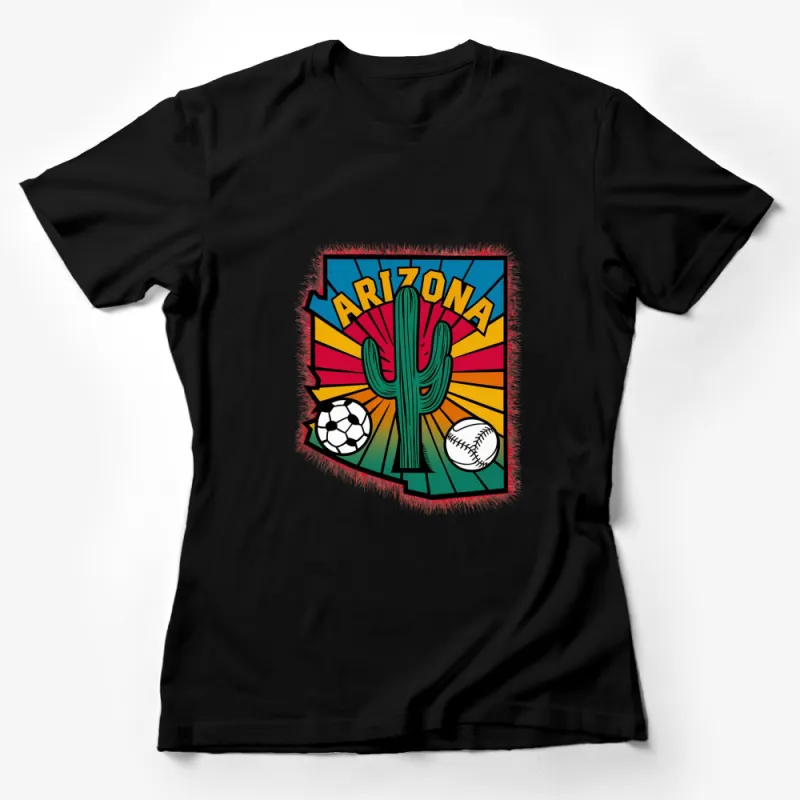 Arizona Cactus Sports Themed Graphic T-Shirt, Retro Style Sunburst Soccer and Baseball Tee, Casual Wear Female T-Shirt