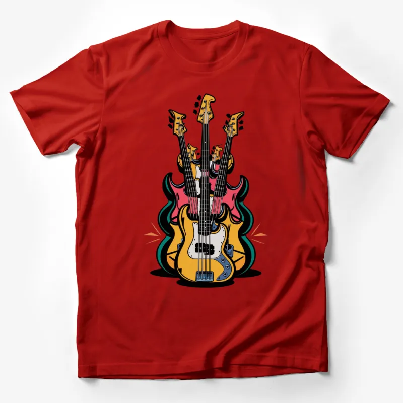 Colorful Guitar Design T-Shirt, Electric Bass Graphic Tee, Musician Gift, Rock and Roll Clothing, Unisex Male T-Shirt