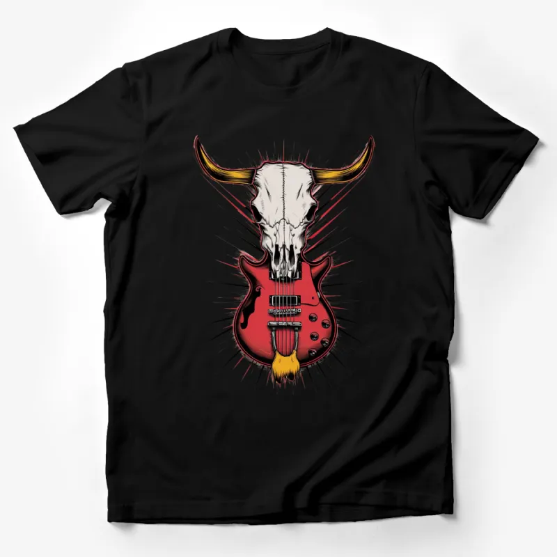 Rock and Roll Skull Guitar T-Shirt, Electric Guitar with Bull Skull Design, Music Lovers Unisex Tee Male T-Shirt