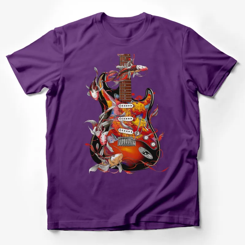 Colorful Koi Fish Guitar Art T-Shirt, Unique Musician Gift, Graphic Tee for Guitar Players, Artistic Apparel Male T-Shirt