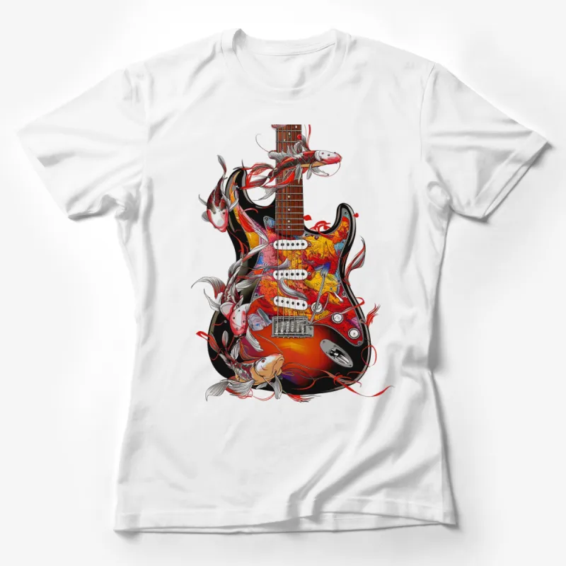 Colorful Koi Fish Guitar Art T-Shirt, Unique Musician Gift, Graphic Tee for Guitar Players, Artistic Apparel Female T-Shirt