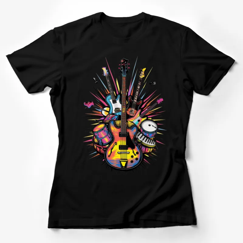 Colorful Music Festival T-Shirt, Musical Instruments and Sound Waves Design, Unisex Tee for Musicians Female T-Shirt