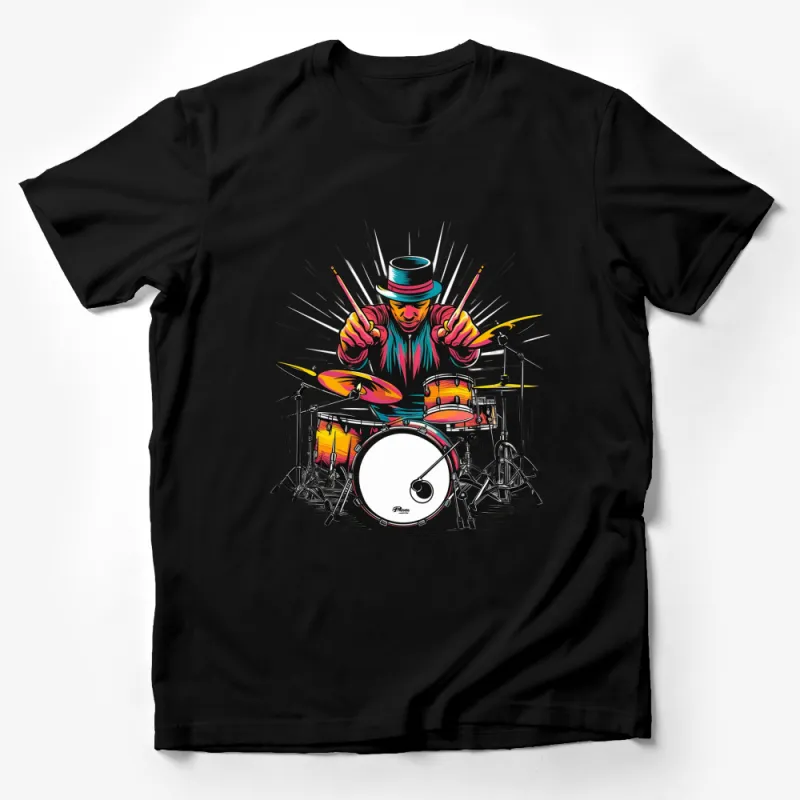 Vibrant Drummer T-Shirt, Colorful Musician Graphic Tee, Music Band Drum Set Top Male T-Shirt