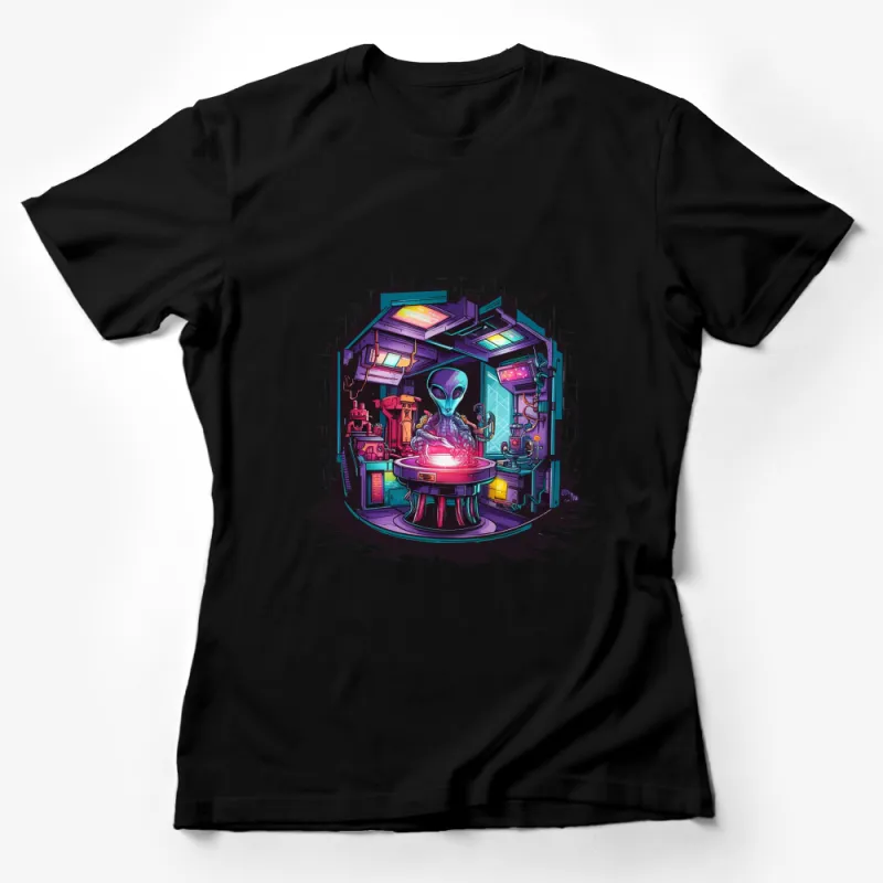 Alien Laboratory Graphic T-Shirt, Sci-Fi Alien Design Tee, Colorful Extraterrestrial Research Art Female T-Shirt