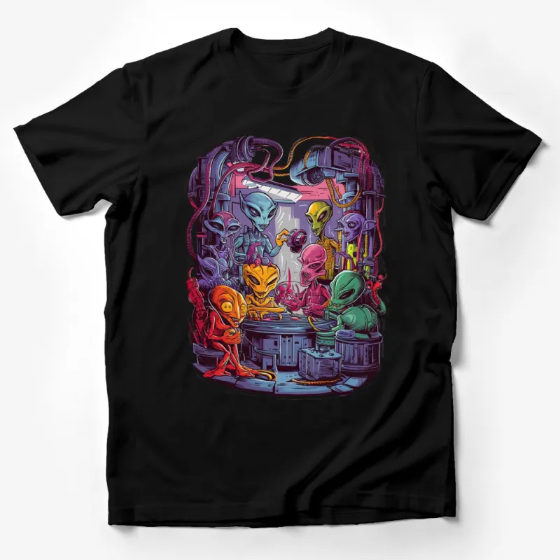 Colorful Alien Gathering Art T-Shirt, Unique Sci-Fi Space Extraterrestrial Design, Unisex Graphic Tee Male T-Shirt