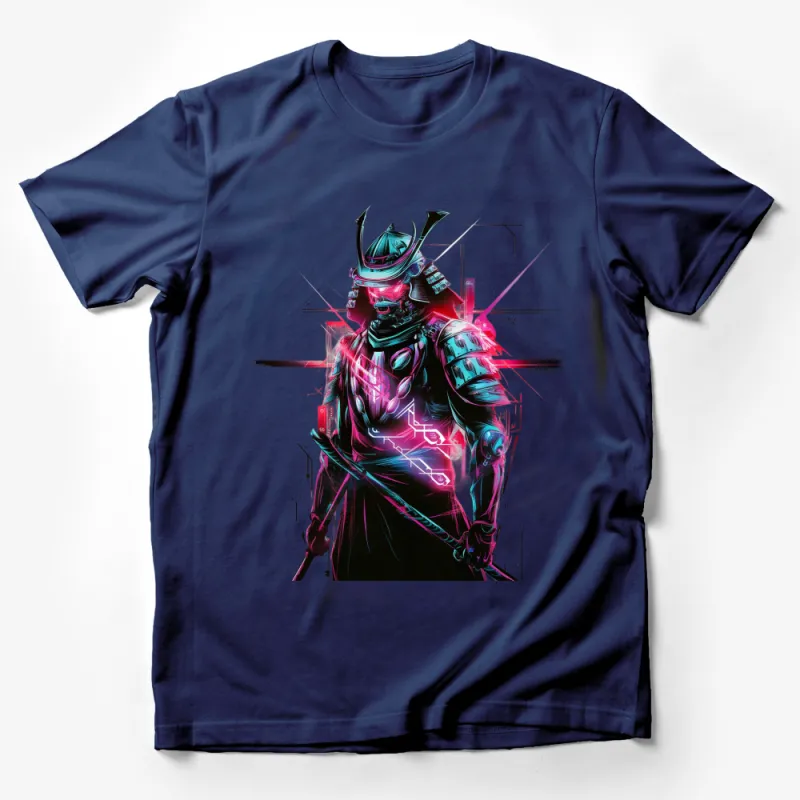 Neon Samurai Warrior Graphic T-Shirt, Colorful Cyberpunk Style Tee, Unique Sci-Fi Artwork Unisex Shirt Male T-Shirt