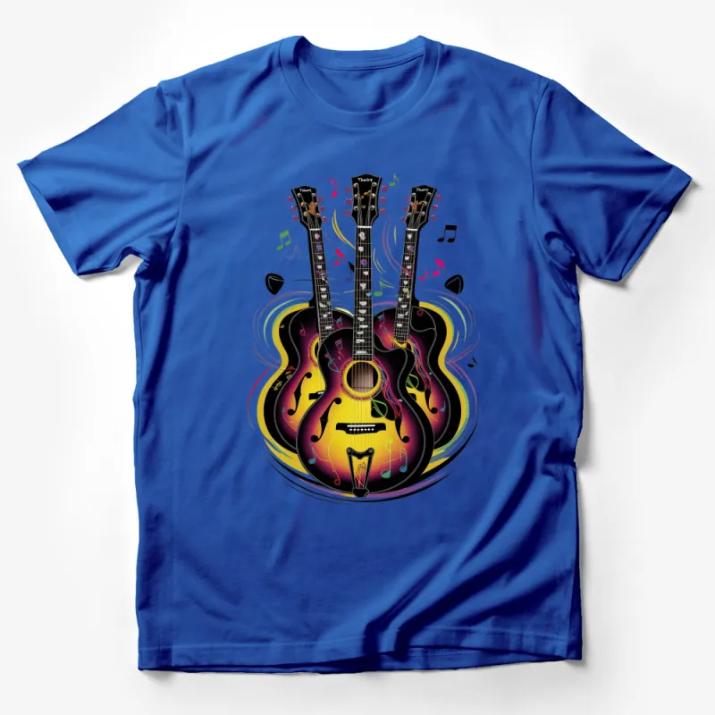 Colorful Dual Guitar Graphic T-Shirt, Music Lover Tee, Vibrant Acoustic Electric Guitar Design, Unisex Shirt Male T-Shirt