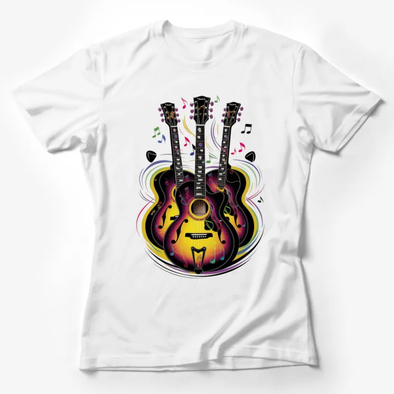 Colorful Dual Guitar Graphic T-Shirt, Music Lover Tee, Vibrant Acoustic Electric Guitar Design, Unisex Shirt Female T-Shirt