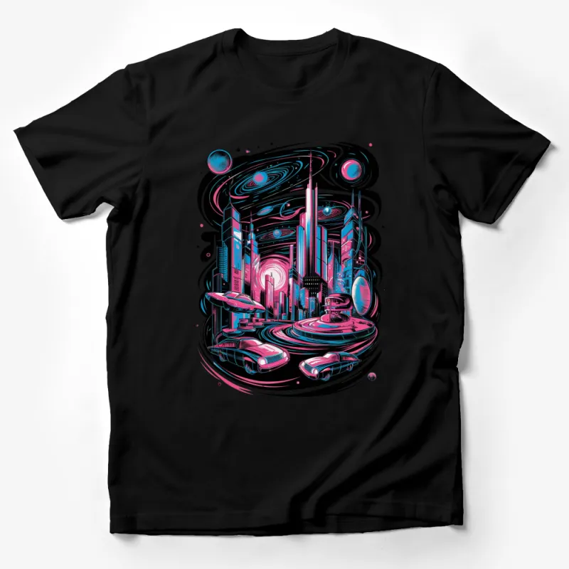 Retro Futuristic Cityscape T-Shirt, Neon Colors, Urban Skyline, Sci-Fi Art Tee, Unisex Graphic Shirt Male T-Shirt