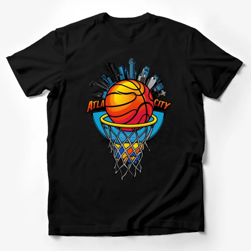 Vibrant Atlanta City Basketball T-Shirt, Colorful Urban Skyline Graphic Tee, Unisex Sports Apparel Male T-Shirt