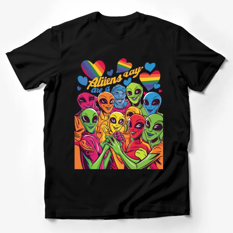 Colorful Alien Faces and Hearts T-Shirt, Fun Extraterrestrial Love Graphic Tee, Unisex Adult Clothing Male T-Shirt