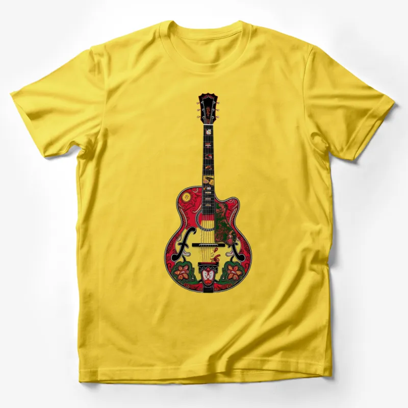 Colorful Folk Art Guitar Design T-Shirt, Vibrant Musician Gift, Unique Musical Instrument Apparel Male T-Shirt