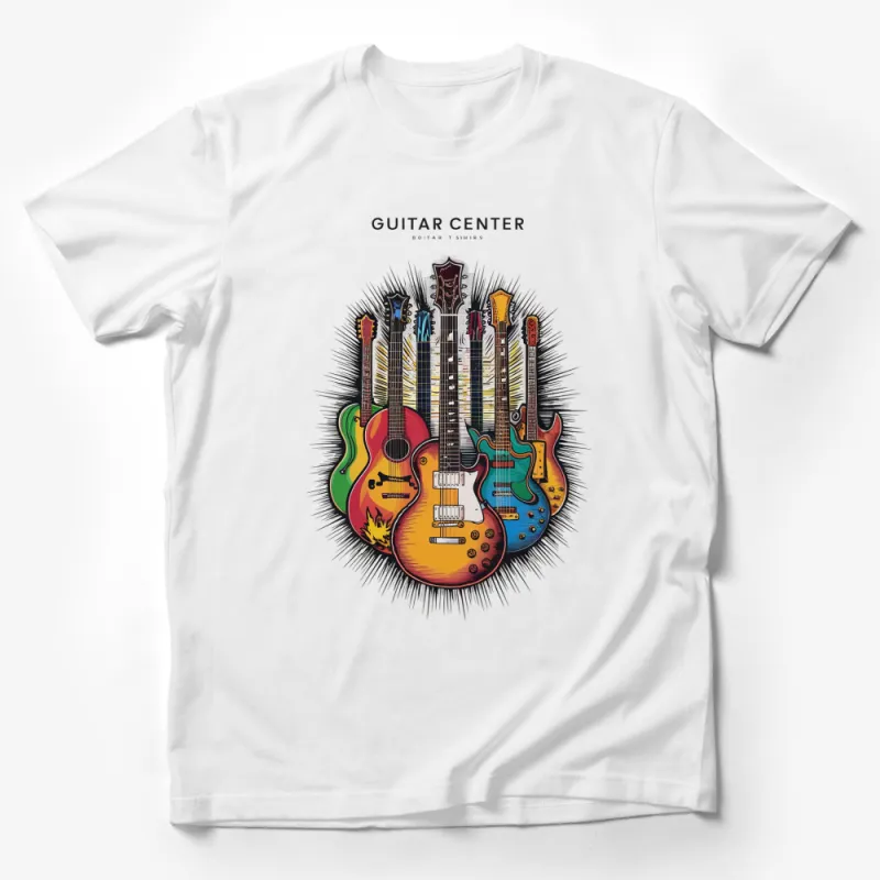 Colorful Guitar Center T-Shirt, Music Lover Tee, Classic Electric and Acoustic Guitars, Unisex Male T-Shirt