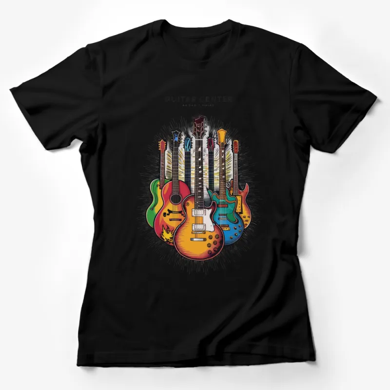 Colorful Guitar Center T-Shirt, Music Lover Tee, Classic Electric and Acoustic Guitars, Unisex Female T-Shirt