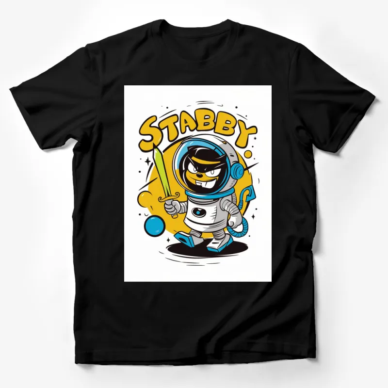 Stabby Astronaut Cartoon T-Shirt, Funny Space Adventure Graphic Tee, Unisex Adult and Kids Sizes Male T-Shirt