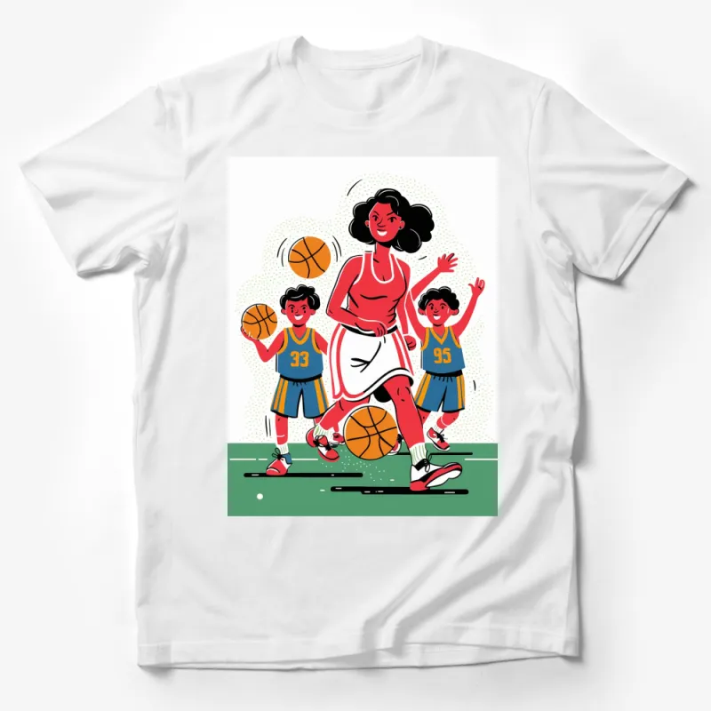 Women's Basketball Coach Graphic T-Shirt, Colorful Cartoon Style, Sporty Mom Tee, Gift for Basketball Lovers Male T-Shirt