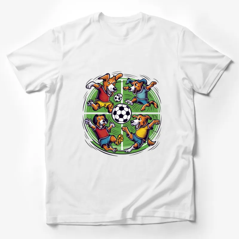 Colorful Cartoon Dogs Playing Soccer T-Shirt, Fun Animal Soccer Game Kids Tee, Unique Pet Sports Shirt Male T-Shirt