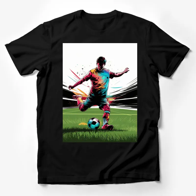 Dynamic Soccer Player T-Shirt, Colorful Sports Illustration, Stadium Background, Athletic Apparel Male T-Shirt