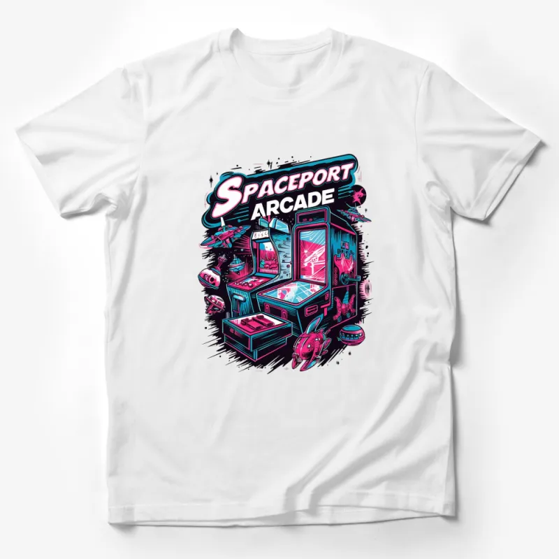 Retro Spaceport Arcade Graphic T-Shirt, Vintage Style Gaming Tee, Unique Outer Space Design Male T-Shirt