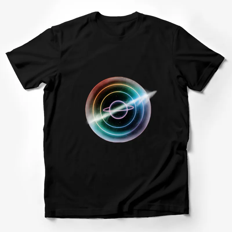 Cosmic Saturn Planet Design T-Shirt, Space-Themed Graphic Tee, Unisex Astronomy Tee, Vibrant Galaxy Colors, Star Lover Gift Idea Male T-Shirt