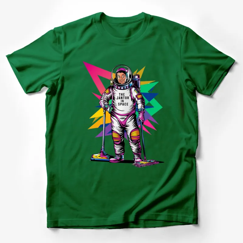 Colorful Astronaut Janitor In Space Graphic T-Shirt, Retro Pop Art Style, Unique Space Tee Male T-Shirt