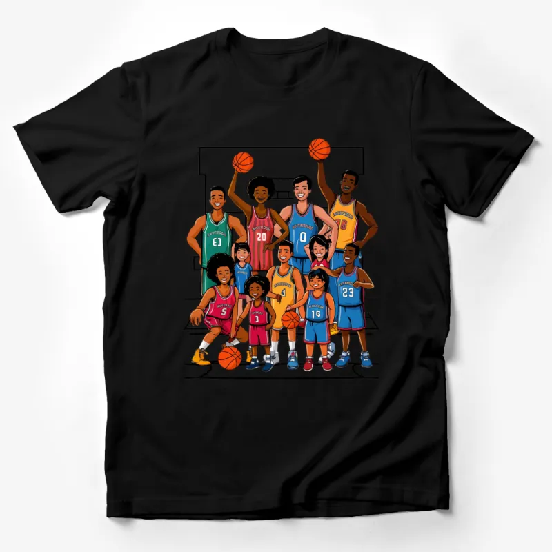 Colorful Basketball Team Cartoon T-Shirt, Fun Sports Graphic Tee, Youthful Athletic Shirt Design Male T-Shirt