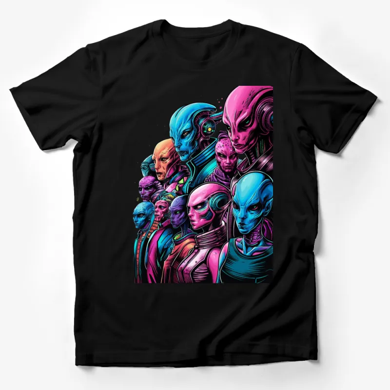 Colorful Alien Faces T-Shirt, Sci-Fi Art Tee, Extraterrestrial Graphic Shirt, Unique Space Design Top, Unisex Clothing Male T-Shirt