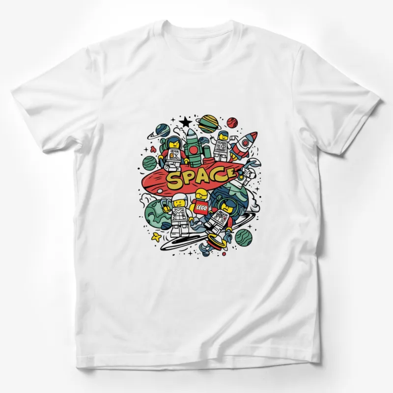 Colorful Space Adventure T-Shirt, Astronaut and Planets Graphic Tee, Unisex Space Shirt for All Ages Male T-Shirt