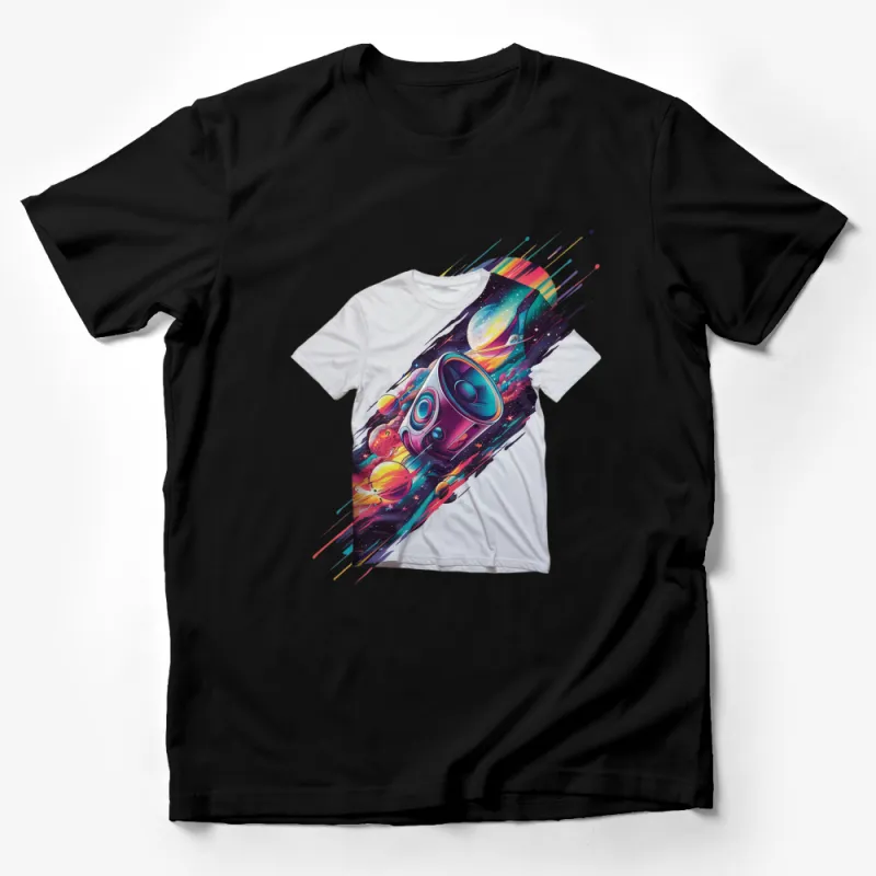 Cosmic Robot DJ in Space Galaxy Graphic Design T-Shirt, Trendy Music and Sci-Fi Apparel Male T-Shirt