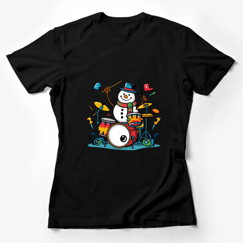 Colorful Snowman Drummer T-Shirt, Music Lover Christmas Gift, Winter Holiday Funky Graphic Tee, Unisex Female T-Shirt