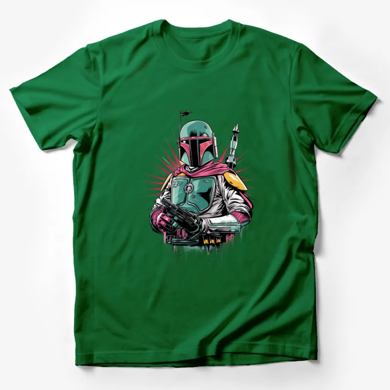 Colorful Bounty Hunter T-Shirt, Retro Sci-Fi Warrior Tee, Unique Design Pop Art Style, Unisex Male T-Shirt