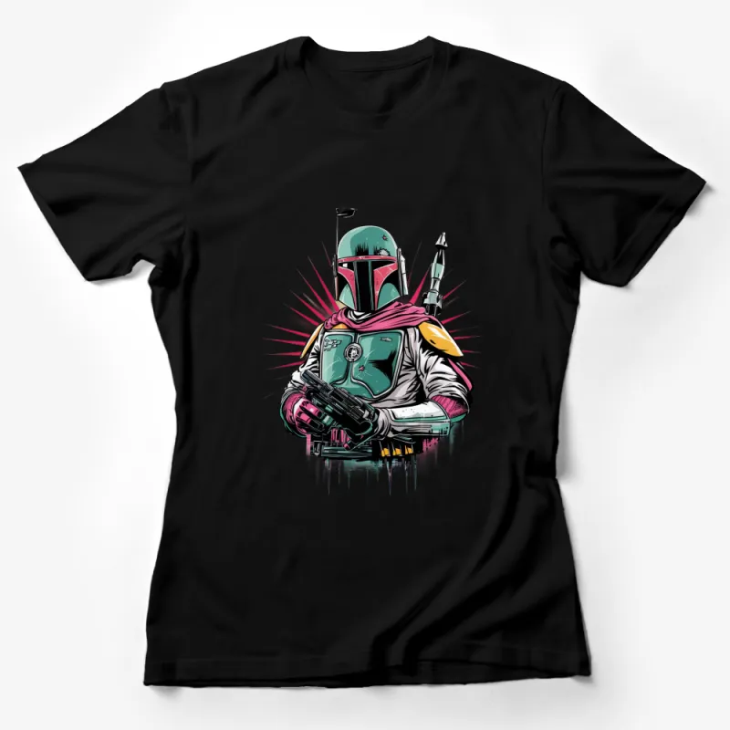 Colorful Bounty Hunter T-Shirt, Retro Sci-Fi Warrior Tee, Unique Design Pop Art Style, Unisex Female T-Shirt