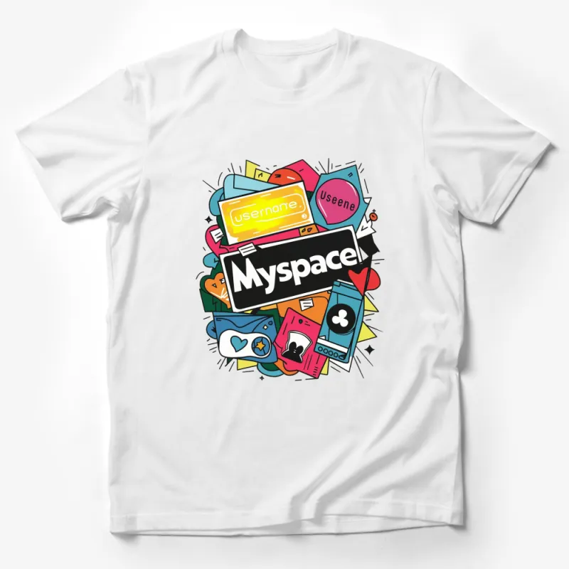 Retro Social Media Icons Myspace Nostalgia Throwback Graphic Tee, Colorful Vintage T-Shirt Male T-Shirt