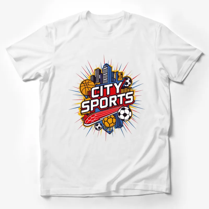 City Sports Graphic T-Shirt, Urban Basketball Soccer Design, Vibrant Casual Wear Male T-Shirt