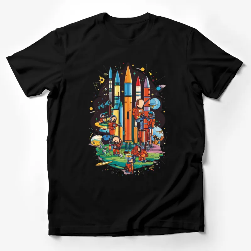 Colorful Space Adventure Graphic T-Shirt, Kids Astronaut and Rockets Tee, Fun Outer Space Clothing for Children Male T-Shirt