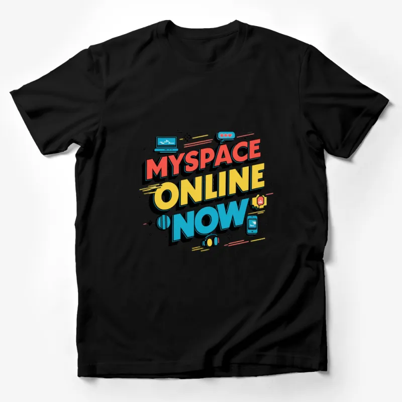 Retro MySpace Online Now Graphic Tee, Vintage Social Media T-Shirt, Colorful 90s Style Apparel Male T-Shirt