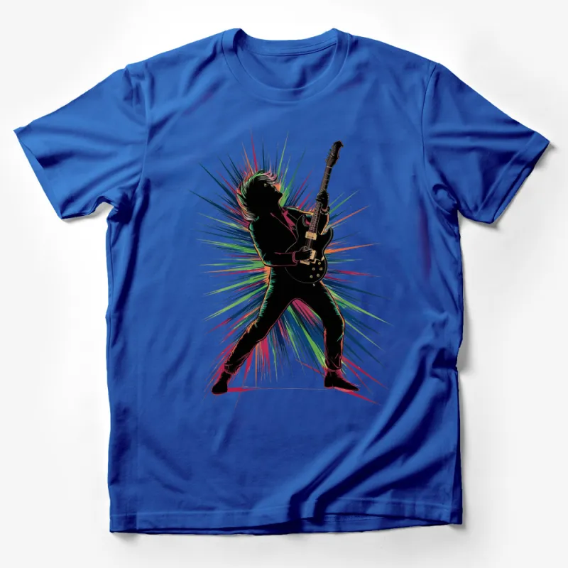 Colorful Guitar Player T-Shirt, Rock Music Guitarist Silhouette, Vibrant Unisex Tee Male T-Shirt