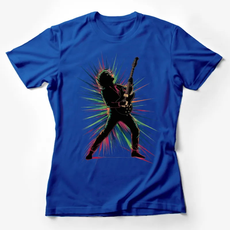 Colorful Guitar Player T-Shirt, Rock Music Guitarist Silhouette, Vibrant Unisex Tee Female T-Shirt