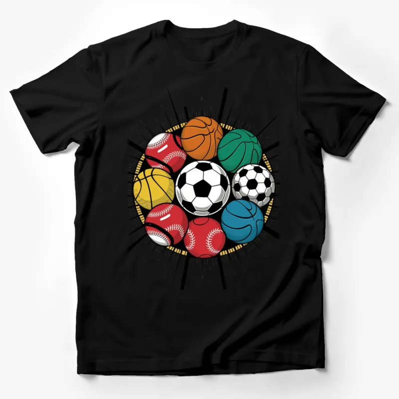 Colorful Sports Balls T-Shirt, Soccer, Basketball, Baseball, Volleyball Design Tee, Unisex Graphic Shirt for Athletes Male T-Shirt