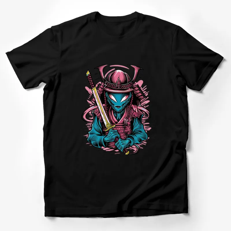 Samurai Alien Graphic T-Shirt, Vibrant Neon Colors, Unique Sci-Fi Warrior Design, Unisex Tee Male T-Shirt