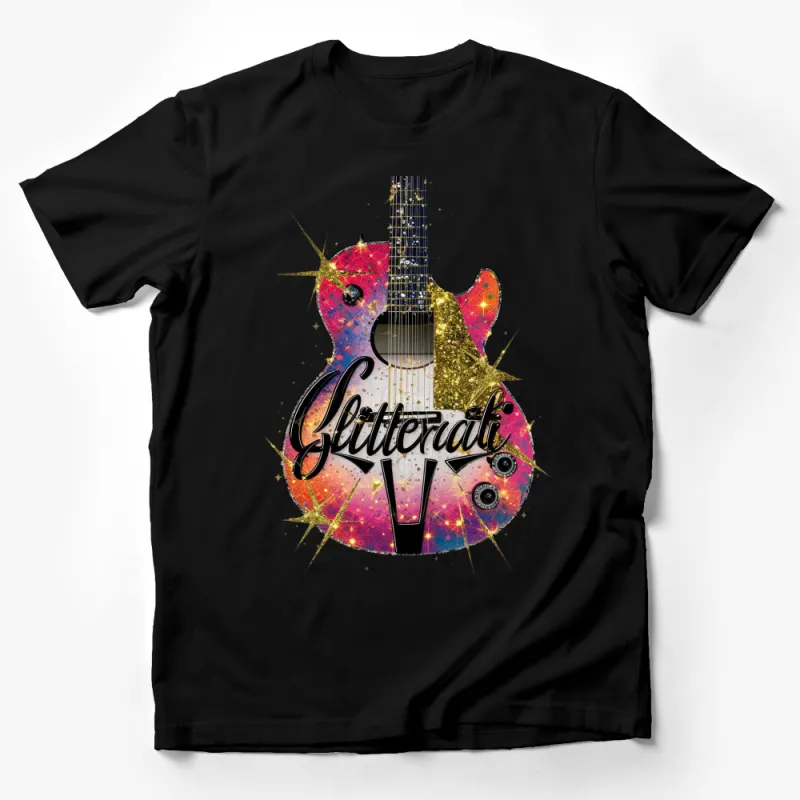 Unique Glitterati Guitar T-Shirt, Colorful Musical Instrument Design Tee, Unisex Graphic Music Lover Shirt Male T-Shirt