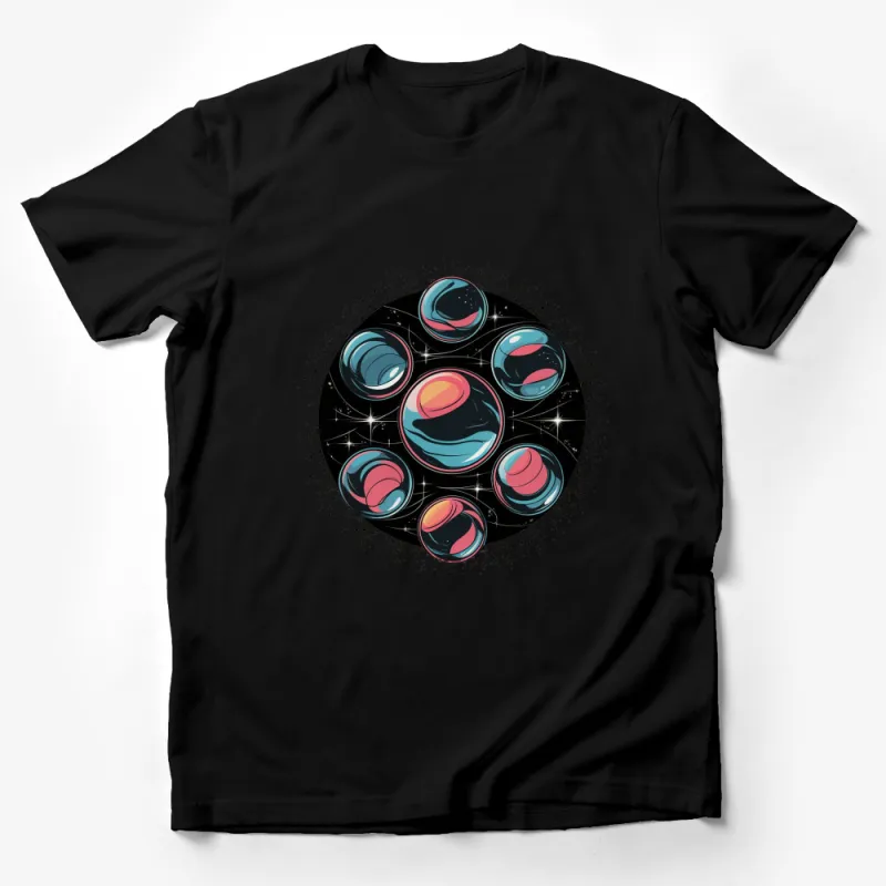 Planetary Design Black T-Shirt, Space Theme Graphic Tee, Colorful Solar System Casual Wear Male T-Shirt