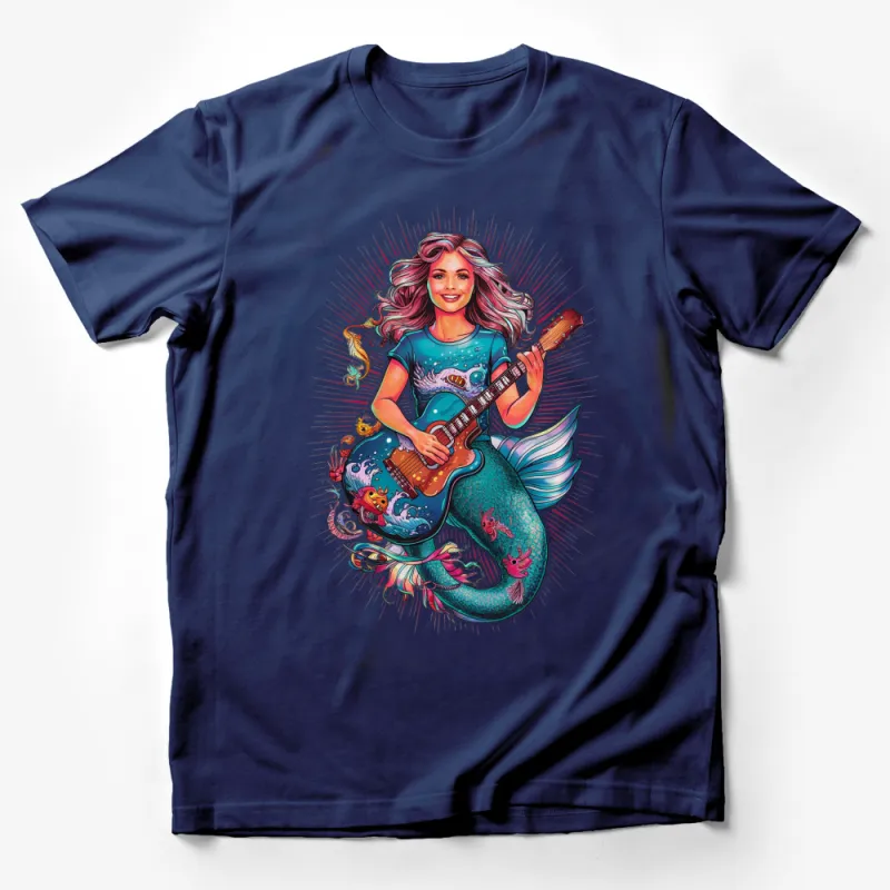 Women's Mermaid Guitar T-Shirt, Colorful Ocean Theme, Music Lover Tee, Fantasy Art, Unique Design Gift for Her Male T-Shirt