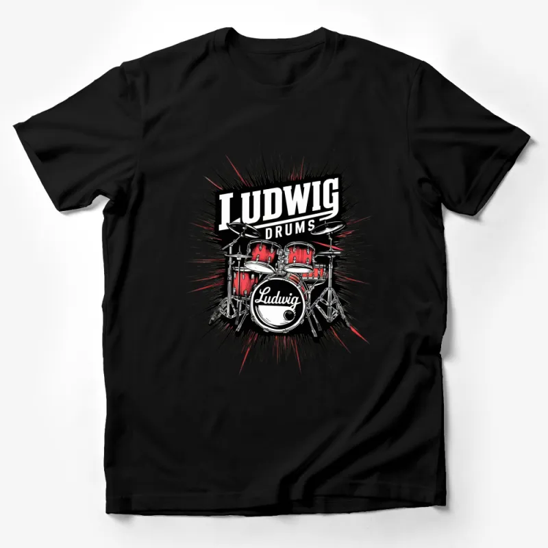 Ludwig Drums T-Shirt, Vintage Drum Kit Graphic Tee, Unisex Musician Gift, Rock Band Shirt, Red and Black Design Male T-Shirt