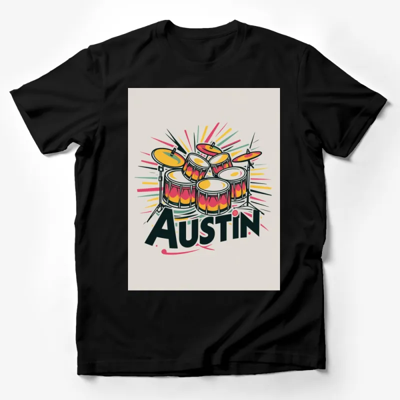 Vintage Austin Drum Kit T-Shirt, Colorful Retro Musician Graphic Tee, Unisex Male T-Shirt