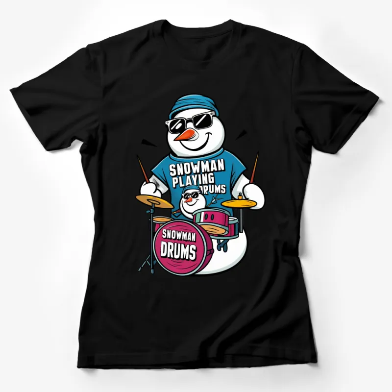 Cool Snowman Drummer T-Shirt, Unique Winter Musical Tee, Cartoon Snowman Playing Drums Graphic Shirt Female T-Shirt