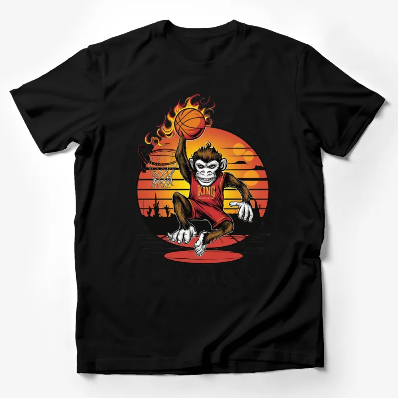 King Monkey Basketball Fire Slam Dunk Graphic T-Shirt, Unique Sports Animal Tee, Bold Colorful Design Male T-Shirt